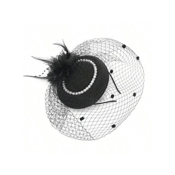 🖤 Pinup Accessory 1950s Retro Vintage Fascinator Black Pillbox Pearl Veil Hat - Picture 6 of 14
